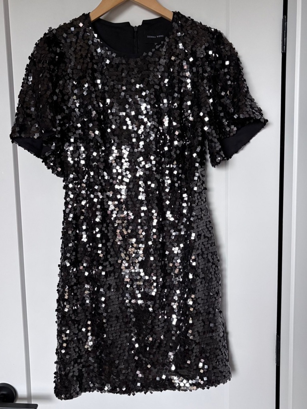 Donna Morgan Black Sequin Short Sleeve Dress Cocktail Party Glam Sparkly